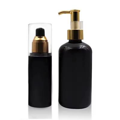 Botellas de plástico para cosméticos Botella de bomba de loción Botella con tapa dorada Botella de hombro redonda