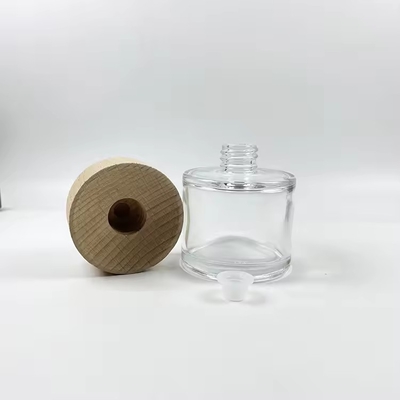 Botellas de vidrio transparente de difusor de 50 ml con tapa de madera Botellas de vidrio lujoso de perfume