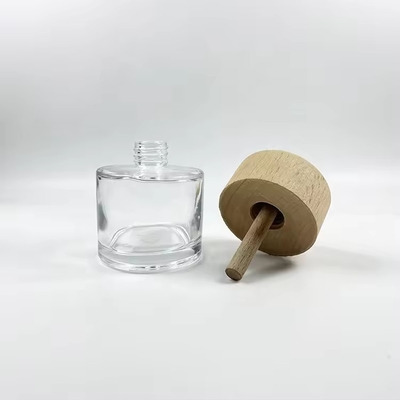 Botellas de vidrio transparente de difusor de 50 ml con tapa de madera Botellas de vidrio lujoso de perfume