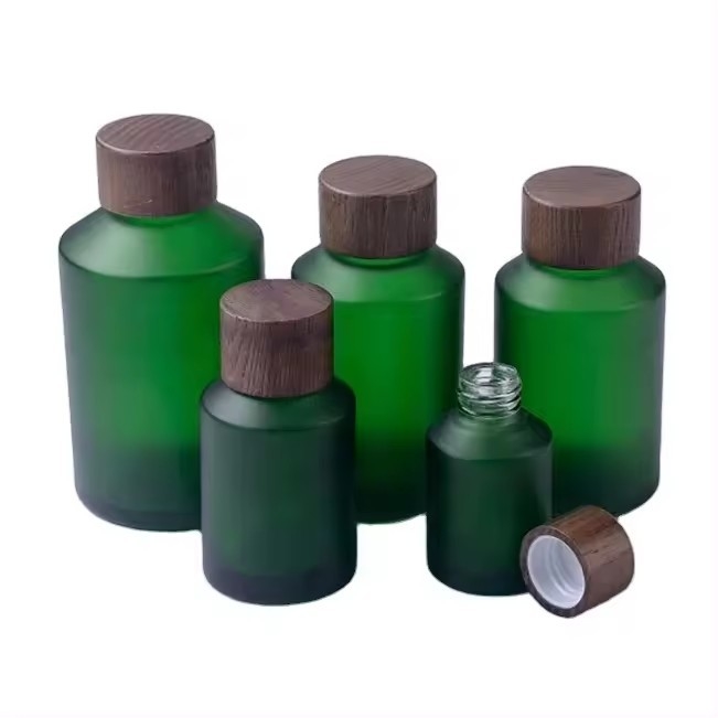 30g, 50g, 15ml, 30ml, 60ml, 120ml, Botella de vidrio helado verde con tapa de tornillo de madera